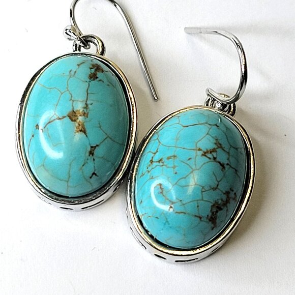 Oval Howlite Earrings Turquoise BLue Oval Blue - Picture 1 of 9